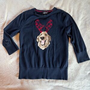 Lands' End Navy Sweater with Dog and Red Plaid Antlers